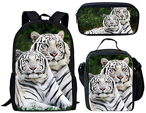 Binienty 3-in-1-Rucksack mit Lunchtasche und Federmäppchen für Kinder, Jungen, Mädchen, Schulschulranzen, weißer tiger, Einheitsgröße,