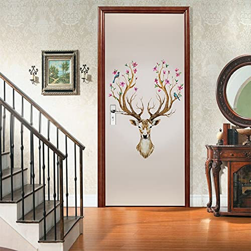 A.Monamour Türtapete Selbstklebend Türfolie Türposter 3D Aquarell Hirsch Mit Blumen Und Vögeln Auf Den Hörnern Vinyl Folie Türdeko Tapete Wandbild Türaufkleber Türtattoo 85 x 200 cm