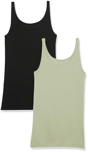 Amazon Essentials Top Ajustado sin Mangas y con Tirantes Finos Mujer, Pack de 2, Negro/Verde Salvia Claro, S