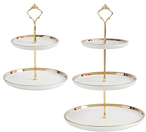 Tosnail Set of 2 Porcelain Cupcake Stand Ceramic Dessert Stand Tiered Serving Trays with Gold Rod, 3 Tiers and 2 Tiers Cake Stand Party Serving Trays Fruit Pastry Holders for Wedding and Party