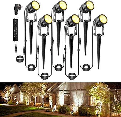 Greenclick Gartenbeleuchtung LED, 6 Set 1800LM 21 m Kabel Gartenbeleuchtung mit Strom, IP65 wasserdicht Gartenleuchte mit Erdspieß, Gartenstrahler Warmweiß COB Gartenlampe für Außen Rasen Weg Teich