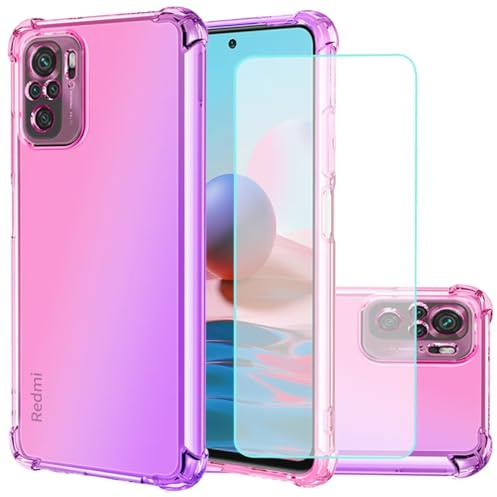 Jhxtech Funda para Redmi Note 10 4G/Redmi Note 10S con [2 Paquetes] Protector de Pantalla de Vidrio Templado, Funda Transparente de Degradado TPU Funda para Xiaomi Redmi Note 10 4G (Rosa/púrpura)