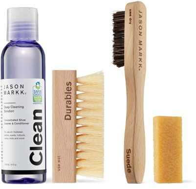 Jason Markk Suede Essentials Bundle, 4-Piece Shoe & Sneaker Care Set, 4oz Deep Cleaning Solution, Two Brushes, & Suede Stain Eraser, Safe for Leather, Nubuck, Cotton, Knits, and More