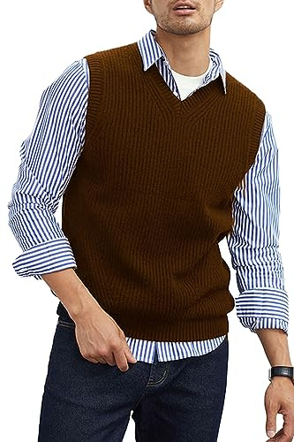 zhilifs Stickad V-ringad tröja för män enkel ärmlös tröja Knitwear lös passform alla matchande toppar, Choklad, 3XL