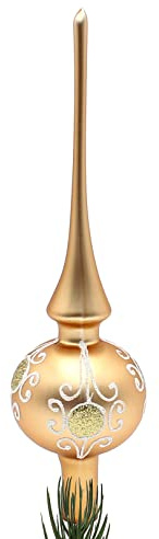 Lauschaer Christbaumschmuck - Christbaumspitze matt Gold mit Glitter Dekor in Weiß-Gold, Ornamente, Länge ca. 28 cm