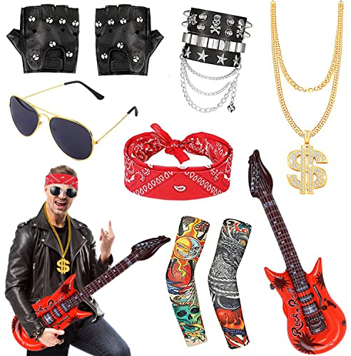 80er 90er Gothic Rocker Kit Herren, Punk Kostüm Accessories - Sonnenbrille | Goldketten | Stirnband | Tattoo Armel | Punk-Handschuhe | Aufblasbare Gitarre | PU Leder Armband für Hip Hop