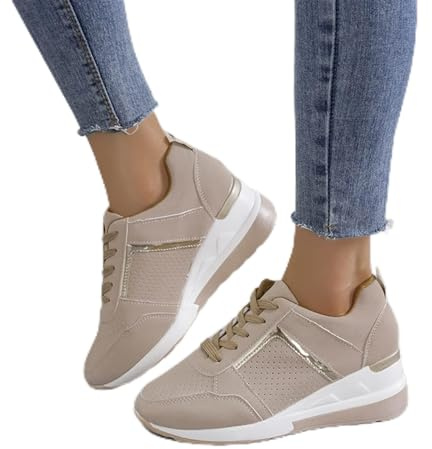 Oculto Tacón Alto Cuña Zapatillas para Mujer - Moda Plataforma Encaje Ligero Zapatos Señoras - La Mejor Elección Transpirable Tenis para Uso Diario (Color: Beige, Talla: 39 EU)