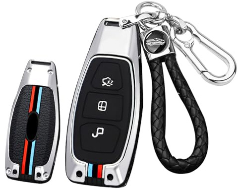 ontto Metall Schlüsselhülle Autoschlüssel Hülle Schutzhülle Cover Passt für Ford Kuga Focus Mk3 Mk4 Mondeo Fiesta Titanium Ecosport Transit MK8 Schlüsselbox Schlüsselanhänger 3 Taste-A Silber