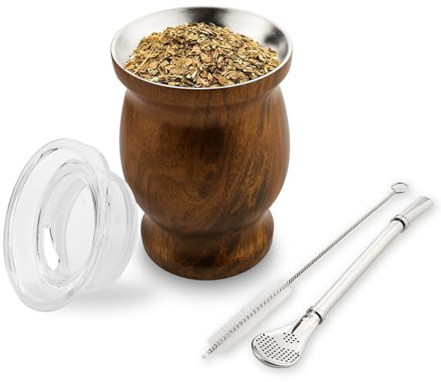 binsakao Yerba Mate Ensemble de tasses à double paroi en acier inoxydable avec paille Bombilla Yerba Mate, brosse de nettoyage et couvercle, 240 ml (bois)
