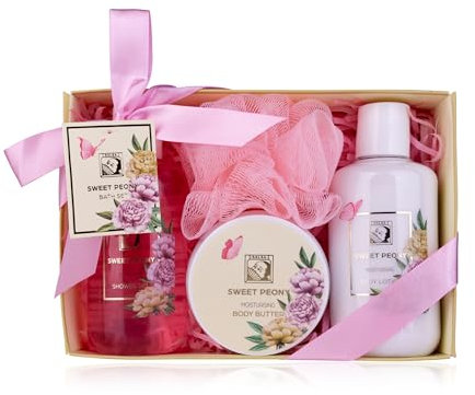 Accentra - Set de regalo SWEET PEONY en una bonita caja - Set de 4 piezas con gel de ducha, loción corporal, manteca corporal y esponja de red - para el Día de San Valentín y el Día de la Madre