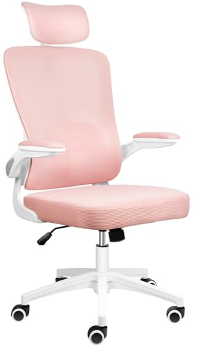 BLINNGO Bürostuhl, ergonomischer Bürostuhl mit Verstellbarer Lendenwirbelstütze und Kopfstütze, Schreibtischstuhl mit hoher Rückenlehne, atmungsaktiver Netzstuhl für Arbeit und Studium (Rosa)