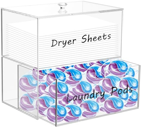 Foribyw Acrylic Dryer Sheet Container with Drawer and Lid, 2-Tier Dryer Sheet Holder Laundry Storage Container with 4 Label Decals, Clear Dryer Sheet Laundry Box for Dryer Balls Clothes Pins