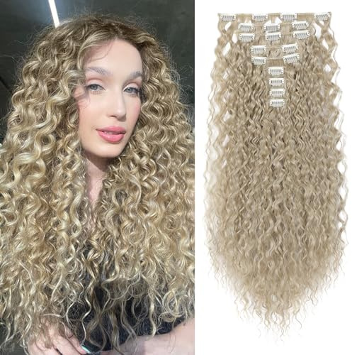 FLUFYMOOZ 9PCS Clip in Hair Extensions, 22 Inch Clip in Haarverlängerungen lockige Haarverlängerung, lange, weiche synthetische Haarteile für Frauen Aschblond