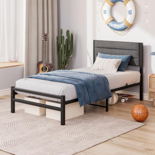 MOFLUT Single Bed Frame with Upholstered Headboard,Heavy Duty Metal Bed Frame Single with Storage Steel Slats Support,Ample Storage Underbed,No Box Spring Needed &Easy Assembly, Noise Free,Gray Bed