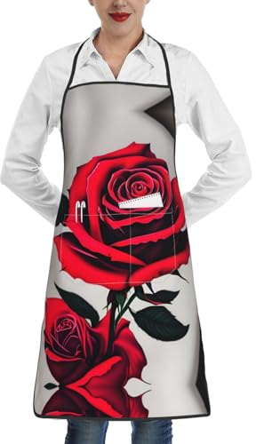 Lrtyuasq Weiße Gänseblümchen-Premium-Schürze mit Taschen, Verschlussrand, für Erwachsene, Arbeitsschürze für Erwachsene, Unisex, ideal für Küche, Restaurant, Rote Rose 1, One size