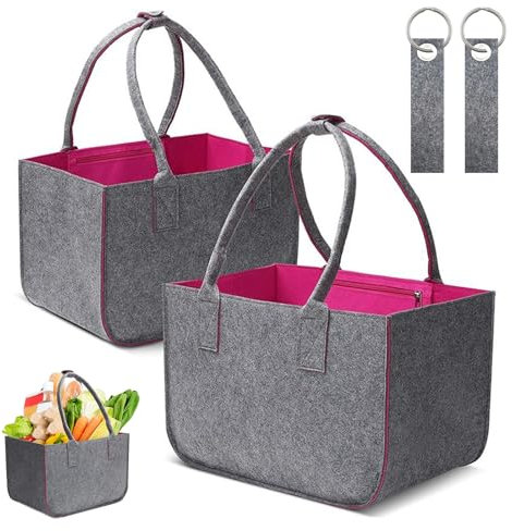 Filztasche 2 Stück Filztasche Shopper Groß 40 x 27 x 27 cm Einkaufstasche Filz mit Henkel für Einkaufen Trips Picknick Aufbewahrung Spielzeug (Dunkelgrau/Lila)
