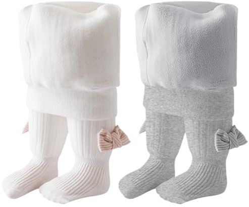ACMEDE Lot de 2 collants thermiques bébé fille avec noeud 6 mois-5 ans Enfants Collants hiver chaud polaire Filles Legging de Sport bas d'hiver Collants de ballet bébé leggings Pantalons 60-115cm