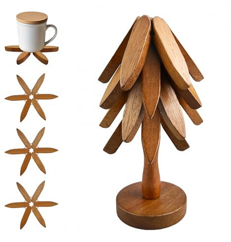 Dessous de Plat Bois Forme Sapin, Pliable Dessous de Plat Arbre pour Bols, Théière, Poêles, Grande Casseroles (1 Support+ 4 Dessous de Plat) (Noyer)