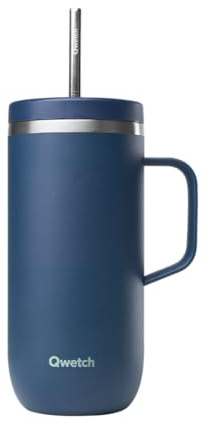 QWETCH - Cold Cup 600ml avec Poignée et Paille - 24h Glacé & 12h Froid - Bleu Nuit - Gourde Isotherme en Inox, Tasse Thermo Café