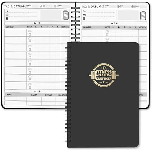 BIROYAL Trainingstagebuch Deutsch A5, 186 Tage Gym buch, wasserfestes Cover | Trainingsbuch Krafttraining, mit Körpermessung, Meilensteine & Zielsetzung, 120g Papier, Spiralbindung 360° umschlagbar