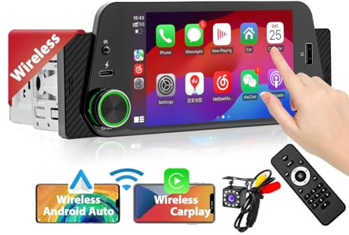 Oiqippnbv EstéReo para AutomóVil de un Solo DIN con CarPlay/Android Auto InaláMbrico, Radio con Pantalla TáCtil, Bluetooth, CáMara de Respaldo, Mirror-Link