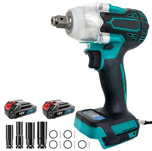 Cordless Impact Wrench with 2 x 3000mAH Battery, 1/2 inch Brushless Impact Gun for Makita, Max Torque 520 N.m, 4 Sockets High Torque Impact Wrench for Car Truck