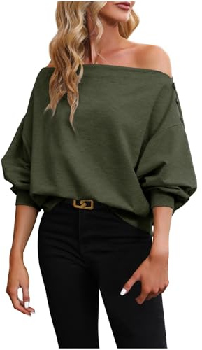 Sweatshirt Sport Femme à Col Oblique- Haut épaules Dénudées Manche Longue-Top Sexy DéContracté Ample Couleur Unie Pullover Chic Et élégant Classique De Base L'Extérieur Le Quotidien Tunique