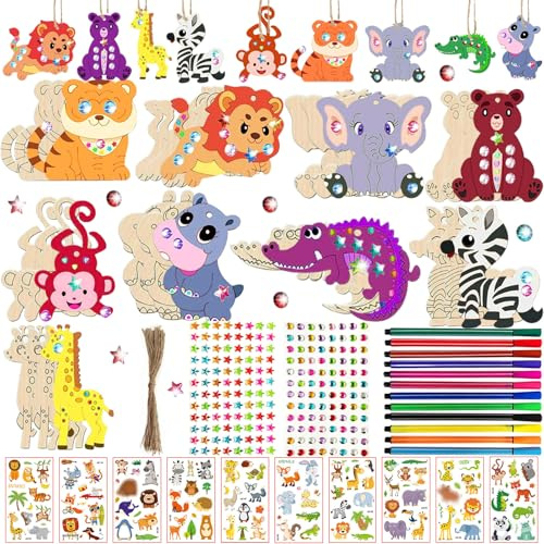 260PCS Holztiere Bastelset Kinder ab 3-12 Jahre, Holzanhänger zum Bemalen, Basteln & DIY, Kindergeburtstag Basteln mit 27 Holzstücke, 27 Schnüre, 192 Strasssteine, 12 Stifte, 2 Aufkleber
