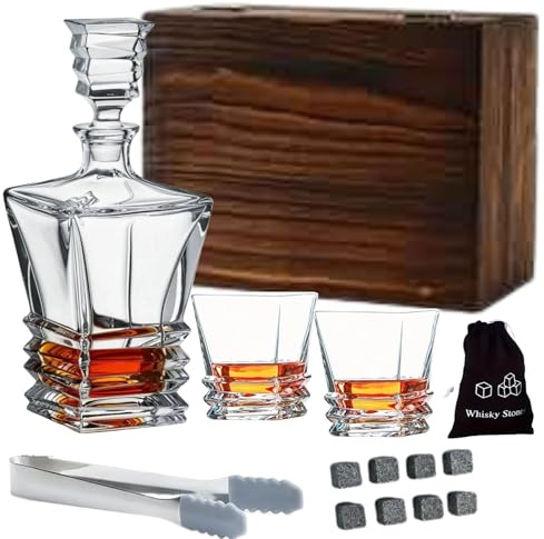 Whisky Gift Set for Men, Whiskey Decanter Set, 700ml, Whiskey Gift Set | Decenter, 2 Glasses, 8 Whiskey Stones, Cigar Cutter & Tong, in Wooden Box, Whiskey Gifts for Men, Cristmas Gifts