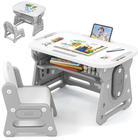 COSTWAY Barnskrivbordsset med stol, barnbord inkl. lutande whiteboard, bokstativ och konkav hylla, skrivbord barnstol för pojkar och flickor från 3 år (grå)