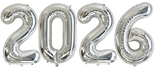 Ponmoo 40 Pouces Foil Ballons Chiffre 2026 Argenté, 101cm, Gonflable Hélium ou Air, Géants Numéro 2026, Gros ballon pour la Décoration de la Fête du Nouvel An