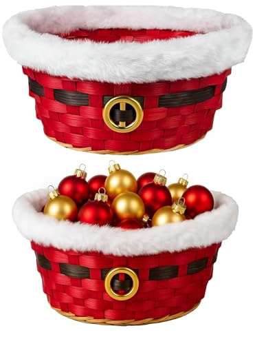 ALAYSTAR Set of 2 Santa Bamboo Baskets Red Woven Christmas Storage Bowls with Faux Fur Trim Gold Belt Buckle Festive Gift Hampers for Snacks Sweets Chocolates Xmas Decorations