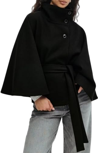 Women Batwing Sleeve Ponchos Pea Coat, Cropped Jacket Women Dressy Funnel Neck Jacket Winter Blazers with Waist Tie (Black,M)