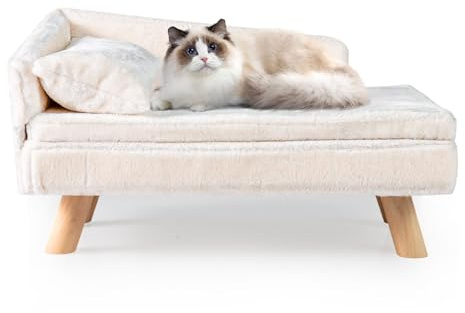 COSTWAY Katzensofa Luxus, Katzenbett erhöht, Katzencouch mit 2 abnehmbaren Kissens, Rückenlehne & Holzbeinen, Katzensessel Haustiersofa Weich, für mittelgroße & kleine Katzen, Hundesofa Indoor (Weiß)