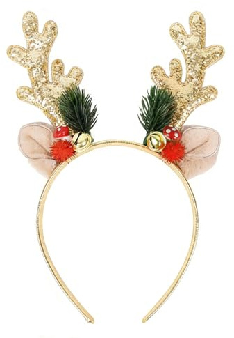 GDLOKFU Serre Tête Noel, Serre Tete Renne Femme Fille, Bandeau de Renne de Noël avec Oreilles, Accessoire Cheveux Festif pour Enfants et Adultes, Idéal pour Fêtes, Carnaval et Décoration de Noël (Or)
