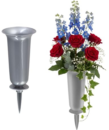 matches21 HOME & HOBBY Wetterfeste Grabvasen mit Erdspieß 32 cm Silber - 2 Friedhofsvasen zum Stecken als Grabschmuck