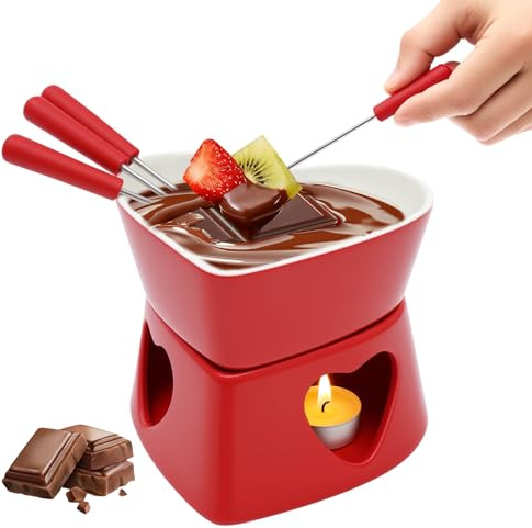 harupink Schokofondue Tasse Keramik,Schokolade Fondue Herz mit 4 Gabeln,320 ML Keramik Schokoladenfondue Set,Becher zum Schmelzen von Schokolade,Schoko Fondue für Käse Butter Karamell(Rot)