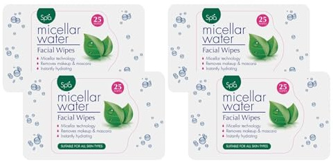 4x Spa Micellar Water Facial Wipes | Removes Makeup & Mascara, Instantly Hydrating | 25 Wipes In Each Pack | 100 Wipes in Total