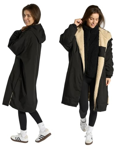OHS Rain Coats for Women Men, Oversized Waterproof Jacket Fleece Lining Dry Robes Adult Womens with Hood & Pockets Lightweight Breathable Changing Robe for Outdoor Travel, Black/Beige - L/XL