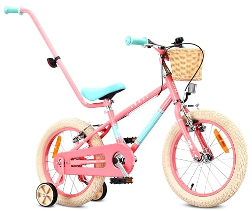 sun baby Kinderfahrrad 16 Zoll LOVEL - Mädchenfahrrad 4-6 Jahre, max. 50 kg - Stützräder, Korb, Klingel, Kettenschutz, Schiebegriff - Rosa-Mint