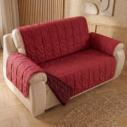 Copridivano 3 Posti con Braccioli con Lavorazione Originale, Copridivano Tre posti Copri Seduta Divano con Doppia Colorazione per Vari Stili di Arredo e Tecnologia Antiscivolo (Rosso/Bordeaux)