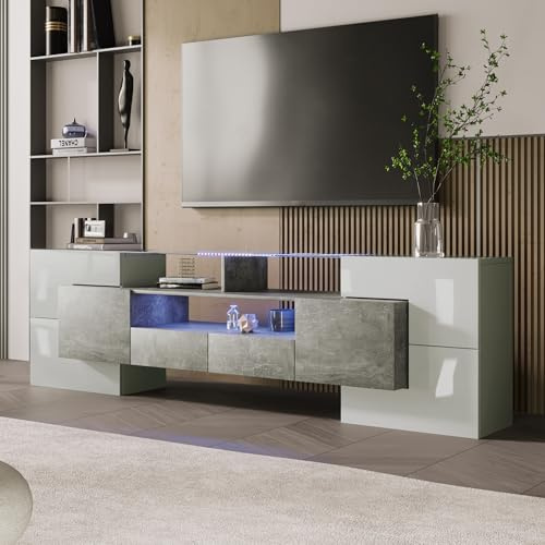 Meuble TV 200 cm LED Blanc Brillant avec Rangement, Meuble TV Moderne Plateau en Verre, 6 Portes, 2 Tiroirs et 3 Niches Ouvertes, Meuble Bas TV Design Salon Chambre,Gris-1