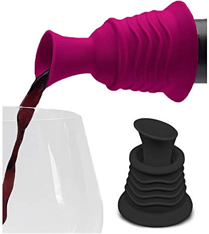 Wine Stopper and Pourer 2 Pack - Pink and Black Silicone Wine Accessories to Serve Wine More Easily by Simply Charmed