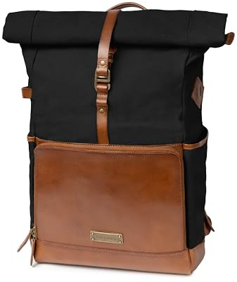 DRAKENSBERG Rolltop - Zaino Arthur in tela e pelle con scomparto per computer portatili, pratico scomparto per tecnica e gadget, 20-30 l
