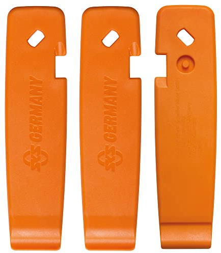 SKS GERMANY LEVERMEN Reifenheber 3er-Set (Fahrradzubehör aus stabilem Hochleistungskunststoff, inkl. SV-Schlüssel und AV-Entlüfter, Einkerbung zur Befestigung an der Speiche), orange
