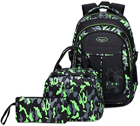 IvyH Schulrucksack Jungen Teenager, Kinderrucksack Camouflage Rucksäcke Jugendliche Jungen Mädchen 3-In-1 Schulranzen für Schule(Grün)