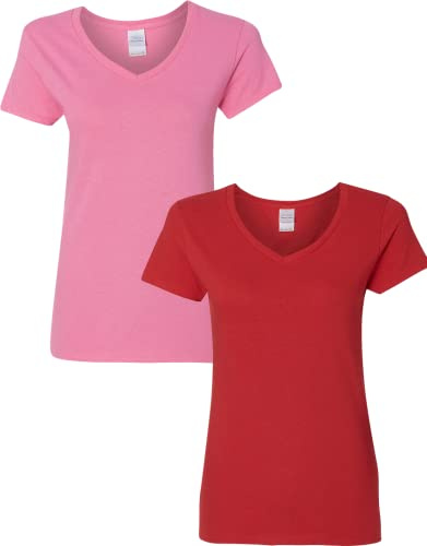 Gildan Women's Heavy Cotton V-Neck T-Shirt, 2-Pack, Azalea-red, Large