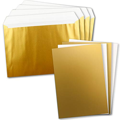 5 x XXL enkelkortsset i DIN A4 (21 x 29,7 cm) inklusive kuvert i DIN C4 – metalliskt guld – kuvert med självhäftande lim – lämpligt för frakt av gratulationskort, certifikat och kuponger