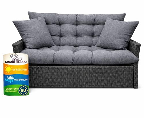 Filippo Sitzauflagen Gartenmöbel 100 x 50 x 60 cm Grau - Kissen Hollywoodschaukel mit Zwei Gartenkissen 45x45 cm - Beständig Gegen Schimmel – Handgefertigt Polster mit Befestigungsschnüre