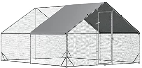 PawHut Hühnerstall Freilaufgehege aus Stahl, 300 x 400 x 200 cm Hühnerkäfig mit Abdeckung, Tür, Hühnergehege für 8-12 Hühner, Kleintiere, Silber